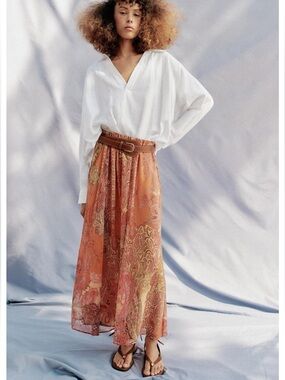 Zara printed midi skirt features a vibrant paisley pattern